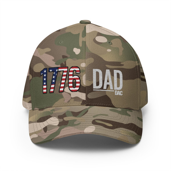 Multicam Green structured flex fit hat with embroidered 1776 DAD logo, front view — DAD all caps