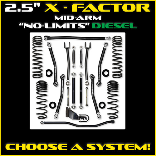 JLU 2.5" X-Factor Diesel Mid-arm "No-Limits" System