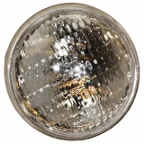 Allis-Chalmers 6-Volt Sealed Beam Bulb, front view of the round clear headlight with reflective interior and grid pattern, 4.365 OD.