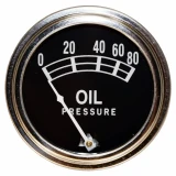 Allis-Chalmers Universal Oil Pressure Gauge 0-80 lb., round black and silver automotive gauge with white markings and needle indicating oil pressure.