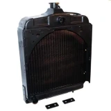 Black replacement radiator for Allis-Chalmers D10 and D12 farm tractors, shown upright with a top filler neck, front cooling core, lower outlet, and two mounting brackets.