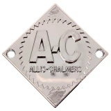 Chrome-colored diamond-shaped Allis-Chalmers tractor emblem with raised “A-C” and “ALLIS-CHALMERS” lettering, a toothed circular border, and a mounting hole on each side.