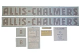Allis-Chalmers B farm tractor vinyl decal set displayed on a white background, including two long “ALLIS-CHALMERS” decals, two square “B” decals, and several smaller service, maintenance, and oil-level labels.