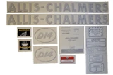 Allis-Chalmers D14 farm tractor vinyl decal set arranged on a white background, including two long ALLIS-CHALMERS wordmark decals, two oval D14 decals, and smaller engine, service, warning, and instruction decals.