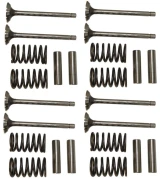 Allis-Chalmers tractor valve train kit arranged in four groups on a white background, each with two metal valves, two coil springs, and two cylindrical valve guides.