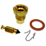 Allis-Chalmers Viton needle float valve kit C102V for farm tractors, shown with a brass threaded valve seat, brass needle valve with black Viton tip, reddish-brown sealing washer, and metal retaining clip on a white background.
