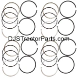 Four sets of piston rings for an Allis-Chalmers 4-cylinder farm tractor, arranged in a grid on a white background. Each set contains black and silver split rings and a corrugated metallic oil ring; a DJSTractorParts.com watermark crosses the image.