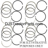 Product image showing four repeated sets of piston rings for Allis-Chalmers B, C, and CA farm tractors. Each set contains several circular metal rings in different finishes, including dark rings, a silver ring, and a segmented ring. Watermarks read “DJSTractorParts.com” and “FOR ILLUSTRATIVE PURPOSES ONLY.”