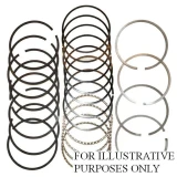 Allis-Chalmers four-cylinder tractor piston ring set arranged in overlapping groups, with black, silver, and segmented rings. Labeled for D17, D270, WC, WD, WD45, WF, 170, and 175 farm tractors; image marked “For illustrative purposes only.”