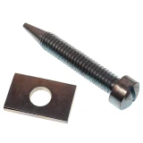 Allis-Chalmers farm tractor cap screw bolt and rectangular block, part 70202132. The long threaded screw has a slotted head and tapered end; the flat block has a central hole.
