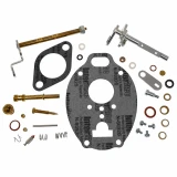 A complete carburetor rebuild kit for Allis-Chalmers WD45 and D17 farm tractors, arranged on a white background. The kit includes large dark gaskets, brass and metal carburetor components, a float assembly, springs, screws, washers, seals, and small fittings.
