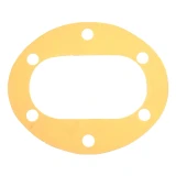 Yellow, flat oval oil pump gasket with a large oblong center opening and six round bolt holes, shown on a white background. Product for Allis-Chalmers WD and WD45 farm tractors, part number 70203176.