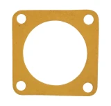 Tan square thermostat housing gasket with a large circular center opening and four bolt holes, for Allis-Chalmers D10, D12, D14, and D15 farm tractors.