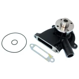 Black Allis-Chalmers tractor water pump with a silver four-hole mounting flange, shown with two O-rings and a flat gasket on a white background.