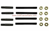 Allis-Chalmers D14/D15 tractor manifold stud set on a white background, with four short black studs, four long black studs, and eight brass-colored nuts. A DJ's Tractor Parts watermark appears across the image.