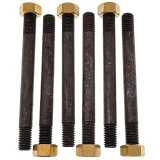 Six long dark steel manifold studs for Allis-Chalmers Late D17, 170, and 175 farm tractors, arranged upright on a white background; three brass nuts are fitted to the upper ends and three additional brass nuts sit near the bottom.