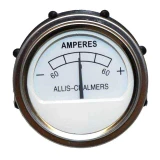 Round Allis-Chalmers ammeter gauge for farm tractors, marked AMPERES with a 60-0-60 scale, negative and positive indicators, and a central needle at zero.