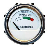 Round AGCO OEM Allis-Chalmers water temperature gauge for a farm tractor, with a chrome bezel, white dial, white-green-red temperature range, and needle pointing to the low end.