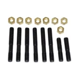 Allis-Chalmers D10 and D12 manifold stud and nut set, with eight black threaded studs and eight brass-colored hex nuts arranged on a white background.