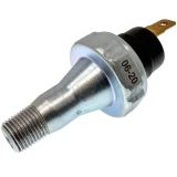 Close-up of a silver metal engine oil pressure switch for Allis-Chalmers farm tractors, with a threaded mounting end, black electrical insulator, and flat brass terminal. Product listing names D21, 180, 185, 190, 190XT, 190XT III, 200, 210, and 220 models.