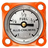 Close-up of an Allis-Chalmers D17 farm tractor fuel gauge, with a silver dial marked E, F, 1/4, 1/2, and 3/4 in an orange four-hole mounting plate.