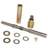 Allis-Chalmers D19 gas distributor rebuild kit parts arranged on a white background, including a long metal shaft with a gear, a brass-colored sleeve and threaded gear housing, several washers, and a small pin.