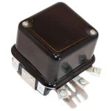 Black 12-volt voltage regulator with metal mounting tabs for Allis-Chalmers WD45, D15, and D17 diesel farm tractors.