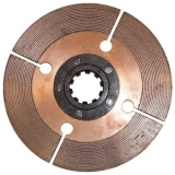 Allis-Chalmers WD45 center-driven clutch disc assembly, shown face-on with a splined center hub, copper-colored center plate, and segmented friction material around the outer edge.