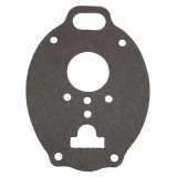 Flat dark gray Marvel-Schebler carburetor bowl gasket for Allis-Chalmers WD45 and D17 tractors, with a large center opening, several small holes, and a tabbed lower cutout.