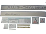 Allis-Chalmers AC 170 tractor decal set laid out on a white background, including long “ALLIS-CHALMERS” and “ONE-SEVENTY” decals, two logo decals, and smaller warning, control, and operating-instruction labels.