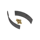 Two curved dark brake linings with mounting holes and a small pile of brass rivets, arranged on a white background. Listed as an Allis-Chalmers brake lining set for WC, WF, and RC farm tractors.