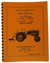 Manual for setting up and repairing parts of Allis-Chalmers Moldboard Plow, designed for farm tractors (not automobiles). The manual covers the No. 5 Series 1 Bottom and No. 52 Series 2 Way Pick-Up Plow. The cover is orange with a black illustration of the tractor and plow, and includes details about the manufacturer, Allis-Chalmers Manufacturing Co., located in Milwaukee, Wisconsin, U.S.A.