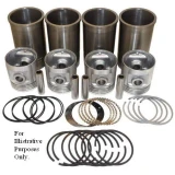 A set of pistons, sleeves, and rings kit designed for Allis-Chalmers farm tractors D10, D12, D14, and D15. The kit includes four pistons, four sleeves, rings, and other engine components, with a note indicating it's for illustrative purposes only.
