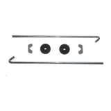 A J-Style Battery Hold Down Kit for Allis-Chalmers farm tractors, specifically for models D14, D15, D17, and D19. The kit includes two long metal rods with hooks on the ends, two round rubber pads, and two small metal brackets.