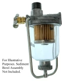 A sediment bowl filter for Allis-Chalmers farm tractors, featuring a tall bowl assembly with a filter element inside. The filter has a metal body, a glass bowl for sediment collection, and a brass shut-off valve at the side. The image notes that the product is for illustrative purposes and the sediment bowl assembly is not included.