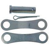 A metal hardware kit consisting of two large flat levers with circular holes at each end, a cylindrical metal pin with a hole, and a small curved metal clip, designed for use with Allis-Chalmers farm tractors and Case equipment.