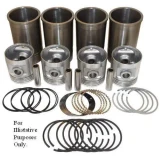 Allis-Chalmers 170 175 Pistons Sleeves and Rings Kit, image showing four pistons, four cylinders, piston rings, sleeves, and additional engine components.