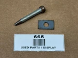 Allis-Chalmers Cap Screw Bolt & Block 70202132, display image of a used bolt, a rectangular metal block with a hole, and a label indicating part number 665.