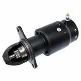 Black Delco starter motor for an Allis-Chalmers D19 farm tractor, shown at an angle on a white background, with a mounting flange, exposed drive gear, cylindrical housing, and electrical terminal. Part numbers 1107235 and 70235417.