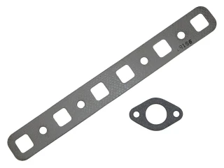 Allis Chalmers Manifold Gasket Set - Allis Chalmers G and Massey Harris Pony, metal gasket with multiple cutouts and a smaller gasket with a hole, designed for engine sealing.