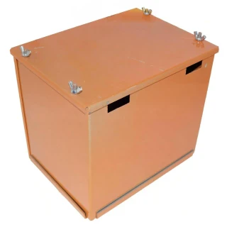 Allis-Chalmers Allis Chalmers D10 D12 Battery Box, orange metal battery container with four metal bolts on the top and black openings on the sides.