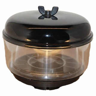 Allis-Chalmers Pre Cleaner Cap Assembly AB-383D, black and transparent plastic pre cleaner cap with mounting features for agricultural machinery.