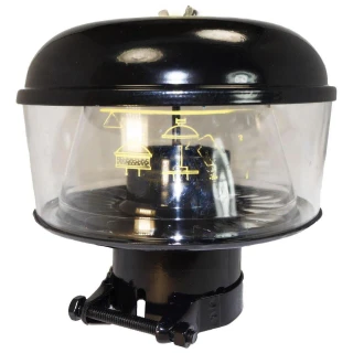 Allis-Chalmers Pre-cleaner Cap Assembly - AB-470D, black and transparent pre-cleaner cap for industrial equipment, with mounting base and adjustable clamp.