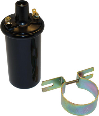 Allis-Chalmers 6 Volt Distributor Coil - AB-011D, black cylindrical ignition coil with a mounting clamp and electrical connection terminals.