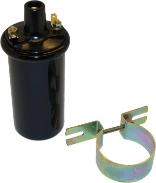 Allis-Chalmers 6 Volt Distributor Coil - AB-011D, black cylindrical ignition coil with a mounting clamp and electrical connection terminals.