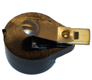 Allis-Chalmers Delco Rotor Button AB-520D, a metallic electrical component with a rounded rotor button attached to a gold-colored arm, mounted on a black base.