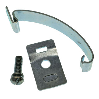 Allis-Chalmers Delco Distributor Cap Spring Clip With Longer Bracket, automotive ignition distributor part with metal clip, bracket, and screw for engine ignition system repair.