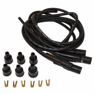 Allis-Chalmers Spark Plug Wiring Set with Straight Boots, automotive ignition wires with black silicone insulation, and six black rubber spark plug boots, plus six brass terminal connectors, designed for reliable engine performance.