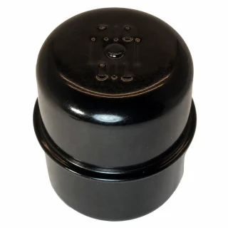 Allis-Chalmers Oil Fill Breather Cap With Clip for Allis-Chalmers, IH/Farmall, black metal, round with small openings and clip on top.