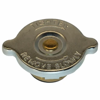 Allis-Chalmers 4 PSI Radiator Cap, metal radiator cap with embossed text indicating 4 PSI pressure warning and a central vent hole.